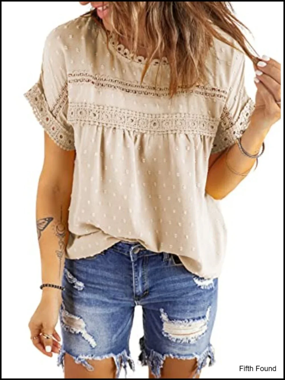 Crewneck Lace Crochet Short Sleeve Blouse - Lightweight Chiffon